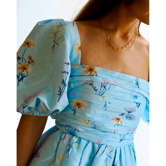 Self-Portrait Watercolour Puff Sleeve Taffeta Blue Floral Midi Maxi Dress 4 S - Picture 15 of 15